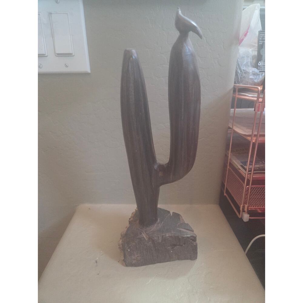 Cactus & Quail Ironwood  Hand Carved 13.5" Sculpture